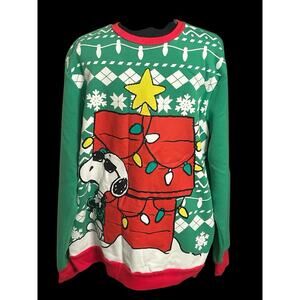 Peanuts Snoopy Christmas Lights On Doghouse Green Long Sleeve‎ Shirt Large